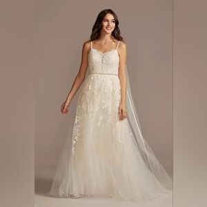 Davids Bridal MELISSA SWEET pleated lace wedding dress with caged tulle skirt